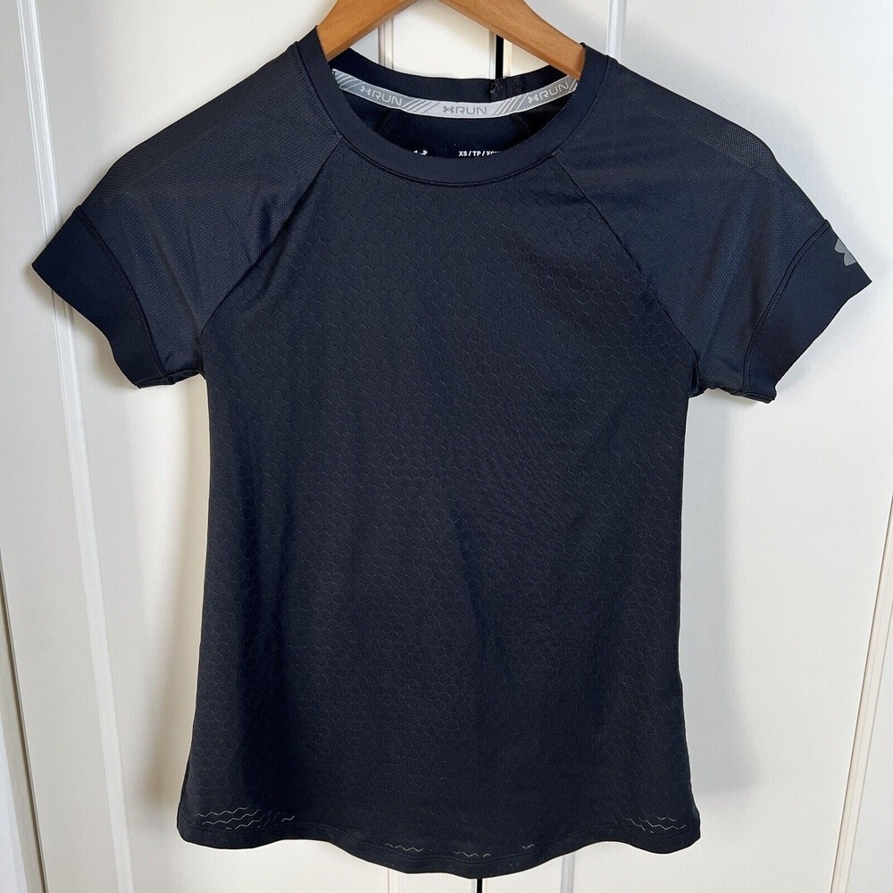 Under Armour Shirt Womens XS Black Run Open Back Cutout Heatgear Fitted S/S Crew